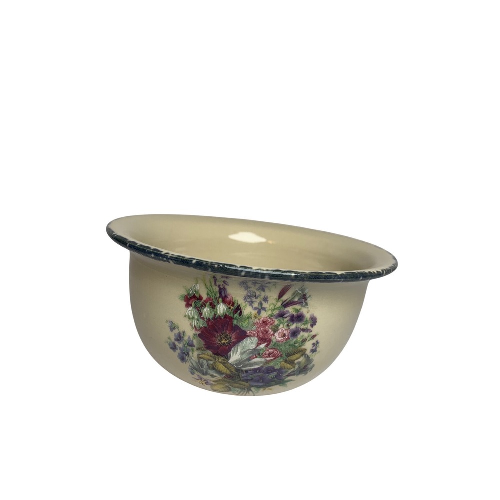Home Garden Party Ltd Floral Stoneware Bowl Blue Rim Made in USA 2002 Cream